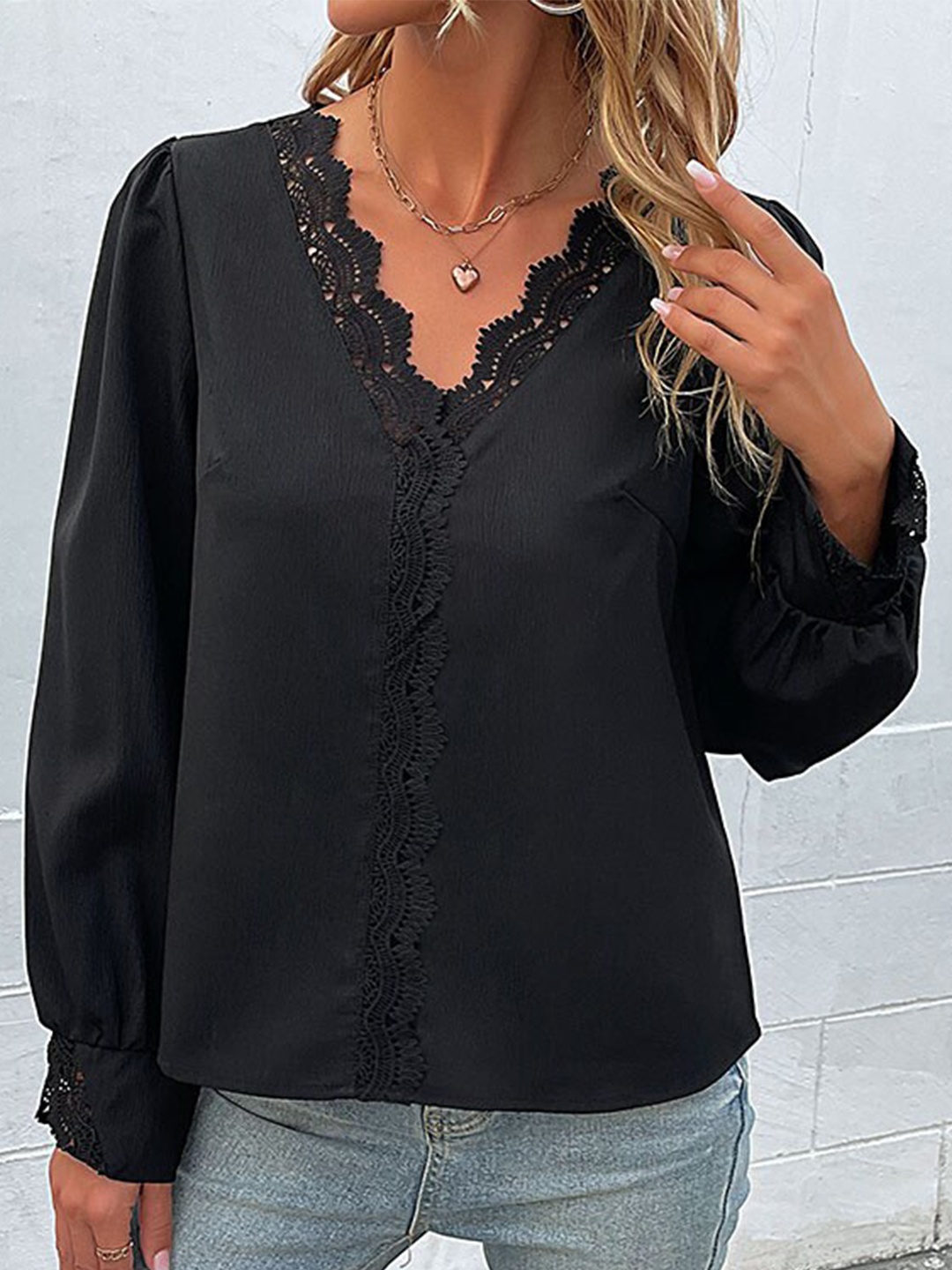 

StyleCast Lace Detail Cuffed Sleeves V-Neck Top, Black