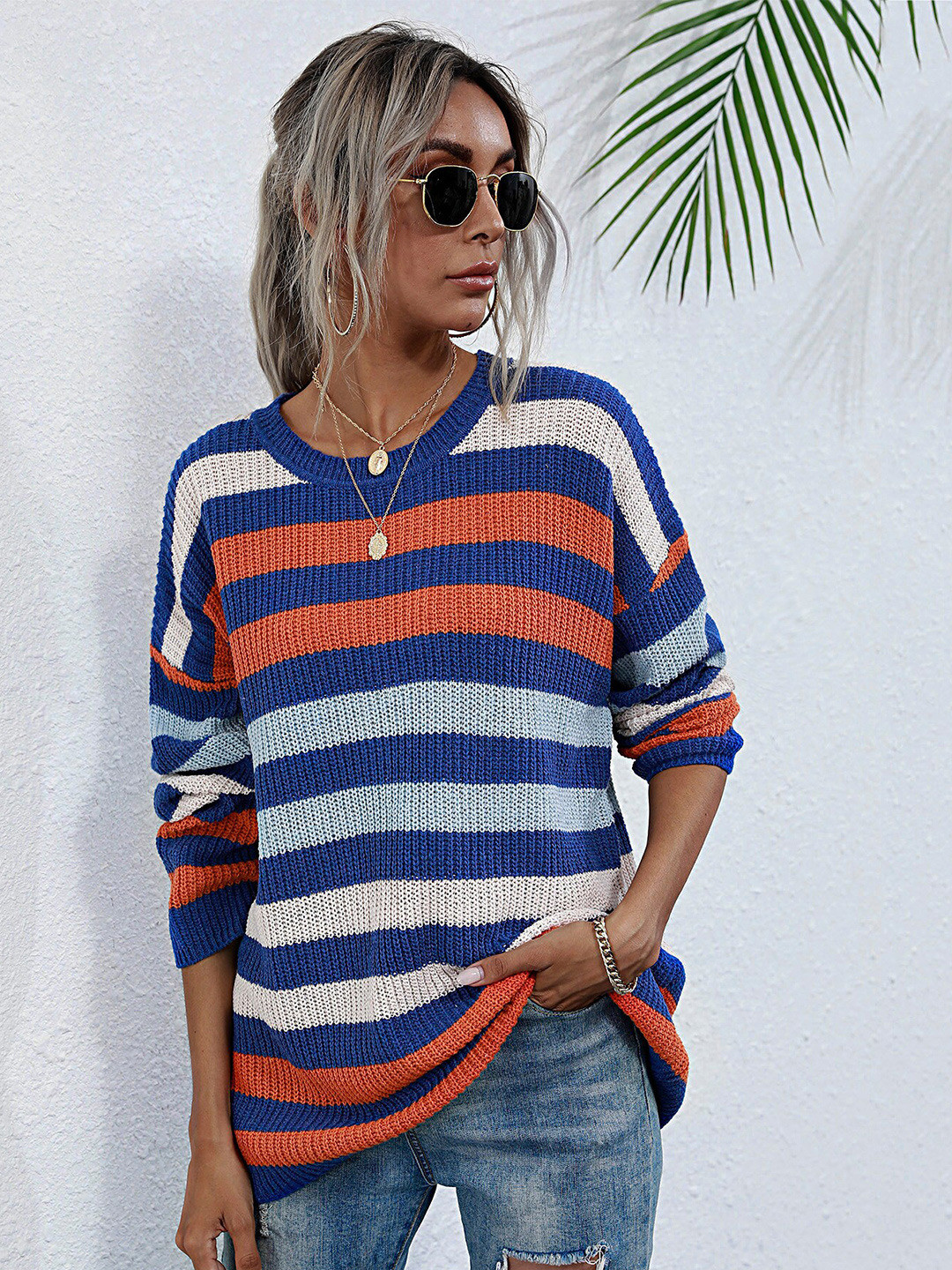 

StyleCast Blue & Orange Horizontal Striped Longline Drop Shoulder Sleeves Boxy Top