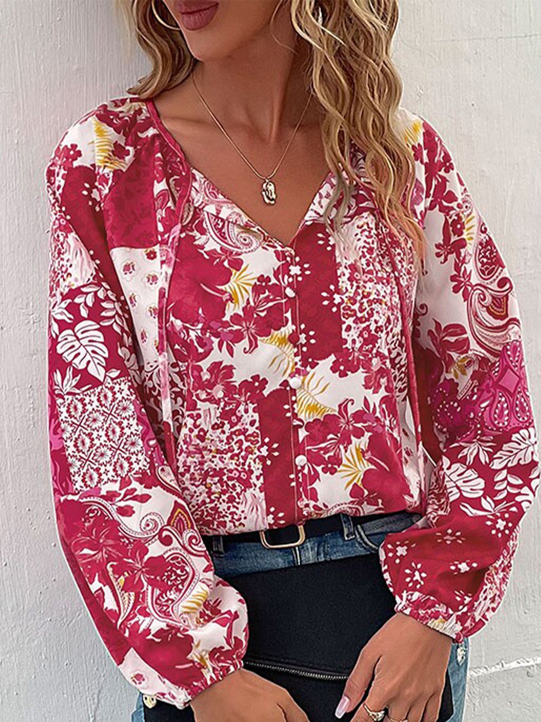

StyleCast Red & White Floral Printed Tie-Up Neck Puff Sleeve Shirt Style Top