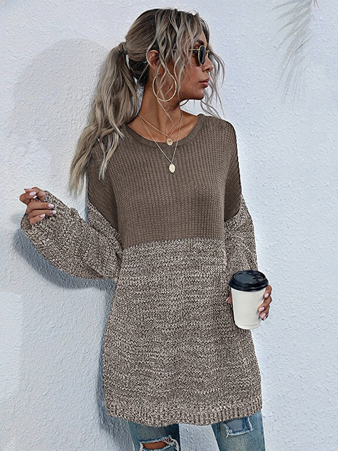 

StyleCast Brown Colourblocked Knitted Longline Top