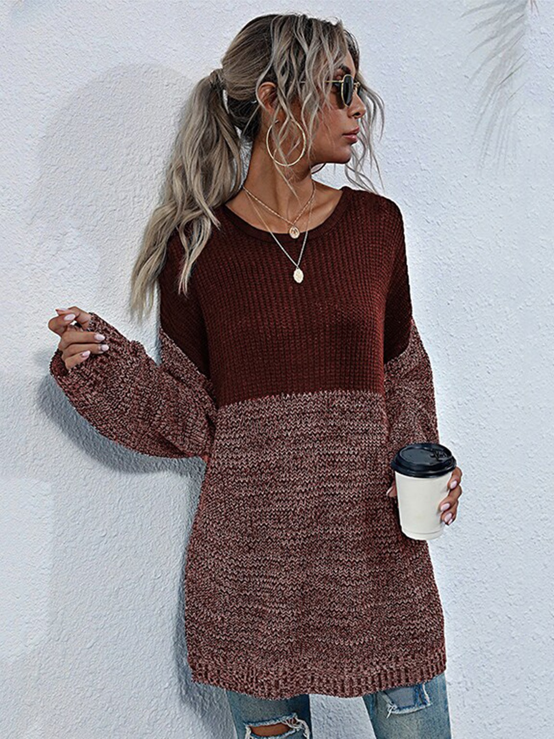 

StyleCast Maroon & brown Colourblocked Drop Shoulder Sleeves Longline Top