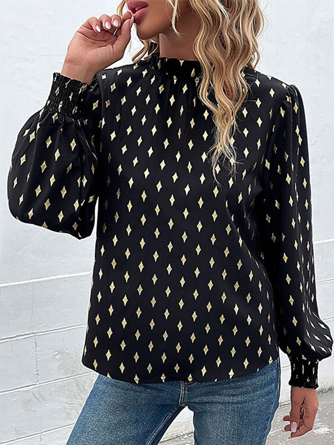 

StyleCast Black Geometric Printed Puff Sleeves High Neck Shirt Style Top