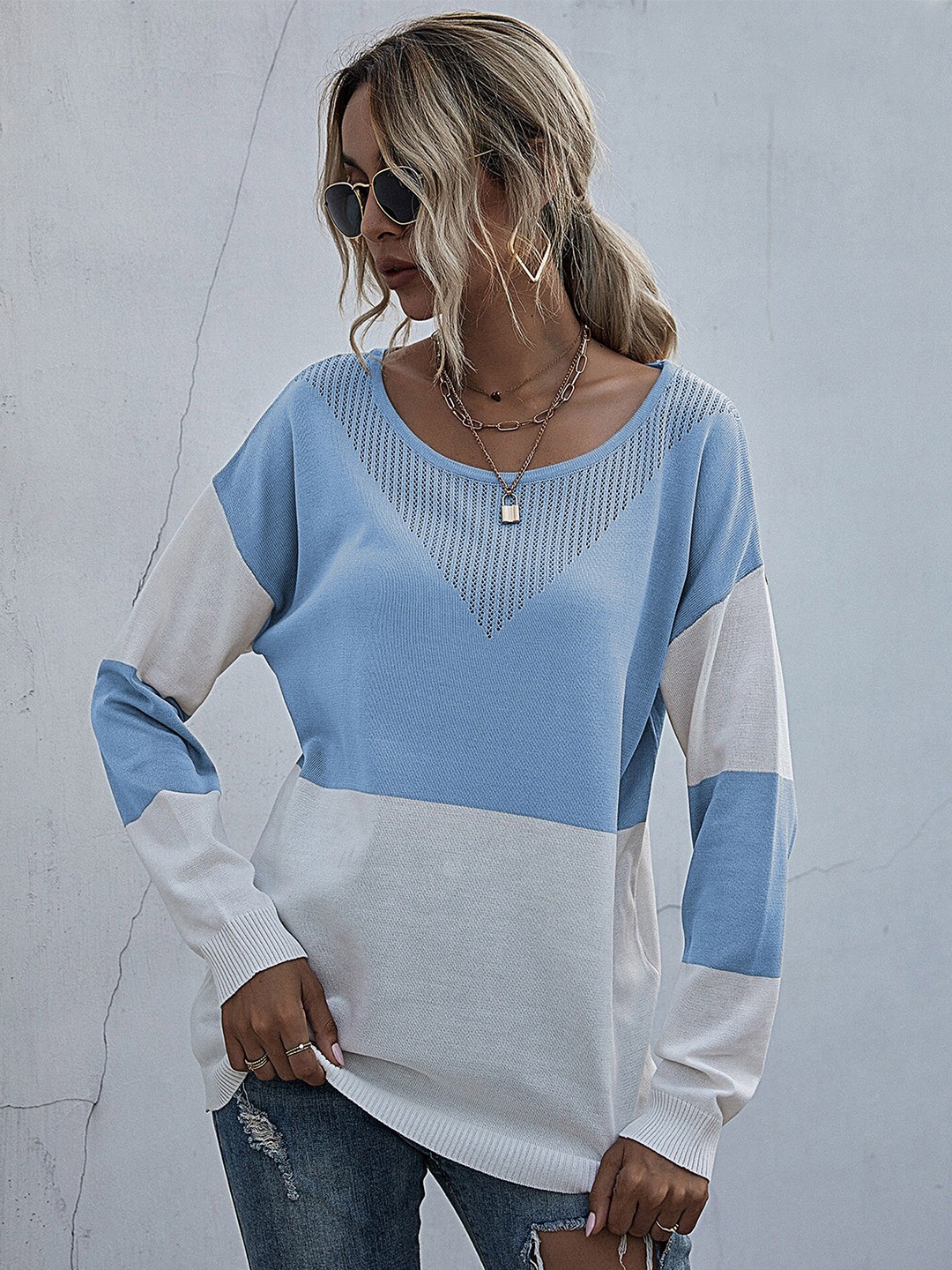 

StyleCast Blue Colourblocked Extended Sleeves Longline Top
