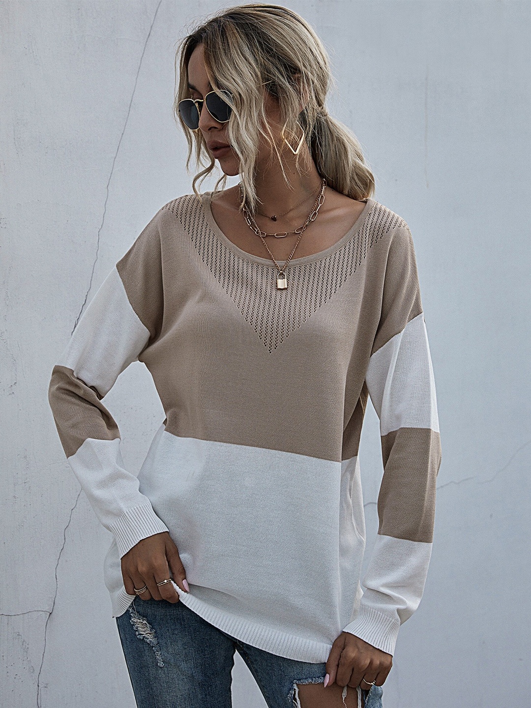 

StyleCast Beige & White Colourblocked Drop Shoulder Sleeves Knitted Top