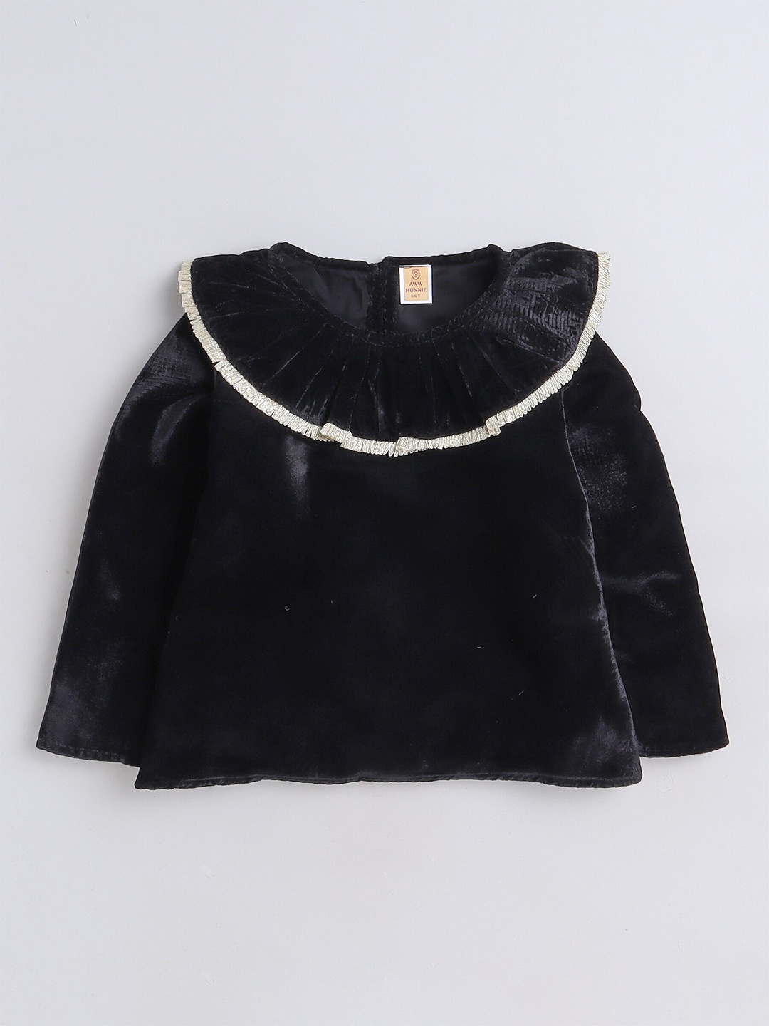 

AWW HUNNIE Girls Round Neck Ruffles Velvet Top, Black