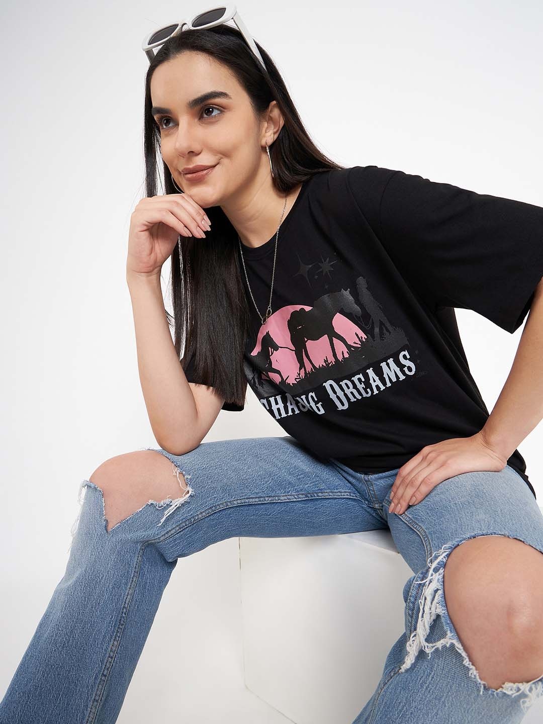 Skidlers Graphic Printed Oversized Pure Cotton T-shirt, Black