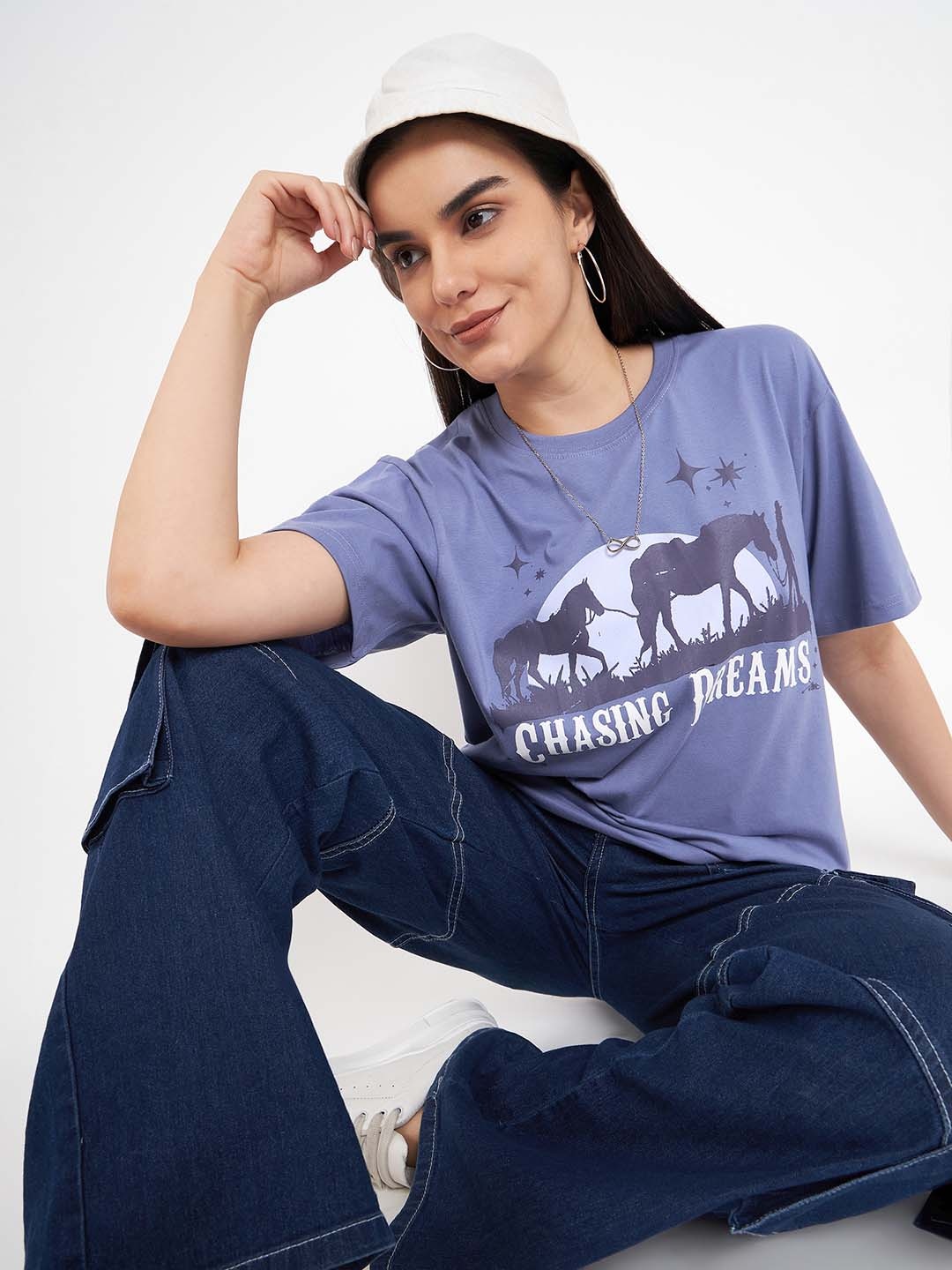 

Skidlers Typography Printed Drop-Shoulder Sleeves Pure Cotton Oversized T-shirt, Blue