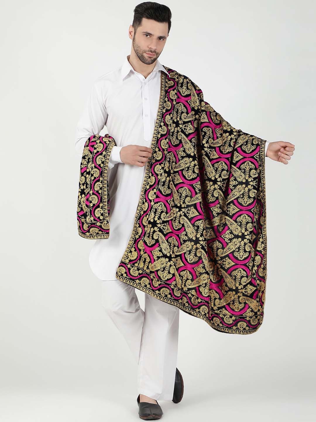

Moda Chales Ethnic Motifs Embroidered Velvet Shawl, Navy blue