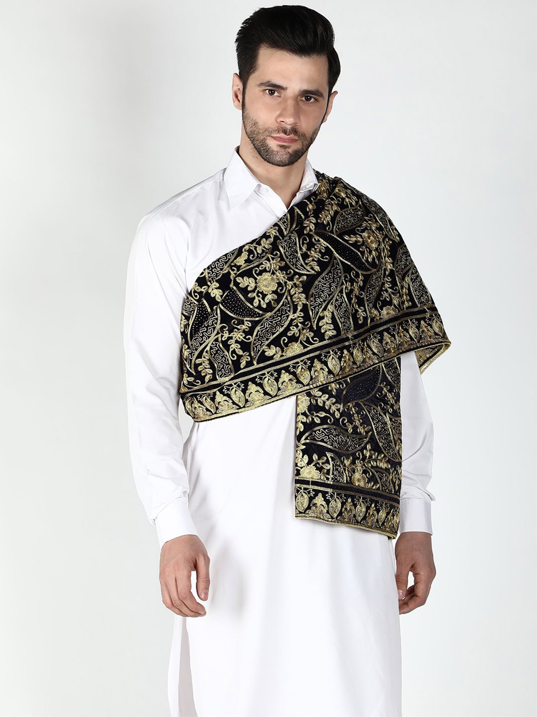 

Moda Chales Men Floral Embroidered Pure Velvet Shawl, Navy blue