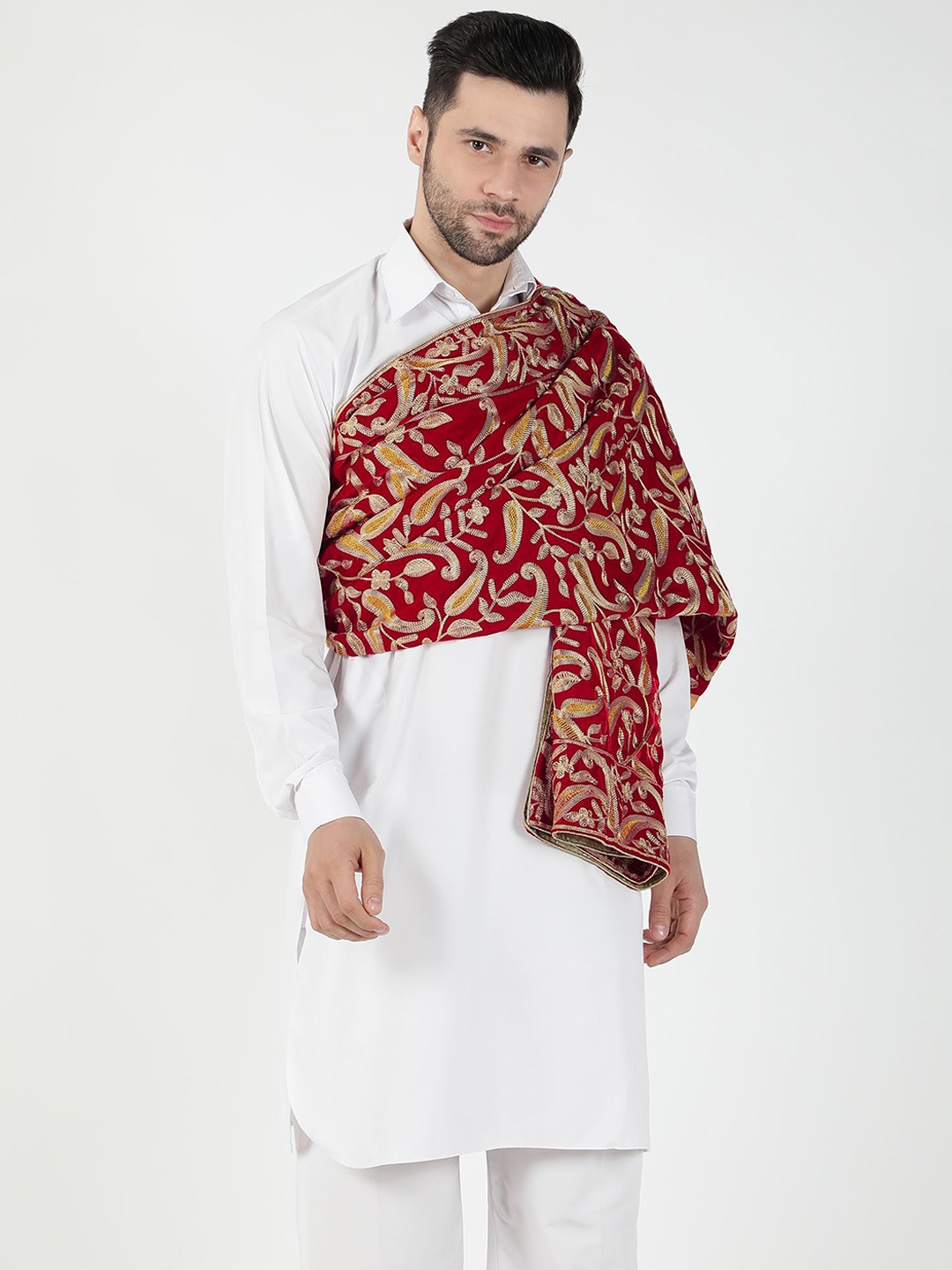 

Moda Chales Men Paisley Embroidered Pure Velvet Shawl, Red