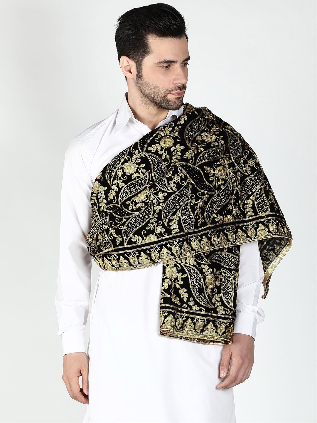 

Moda Chales Men Floral Embroidered Pure Velvet Shawl, Black