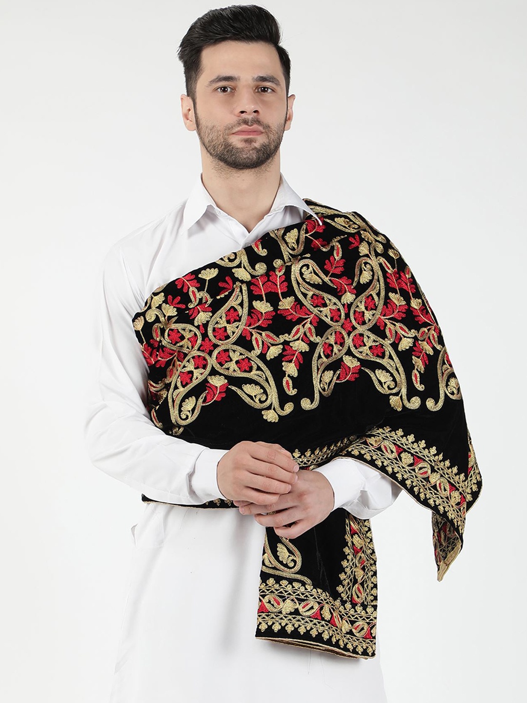 

Moda Chales Ethnic Motifs Embroidered Velvet Shawl, Black