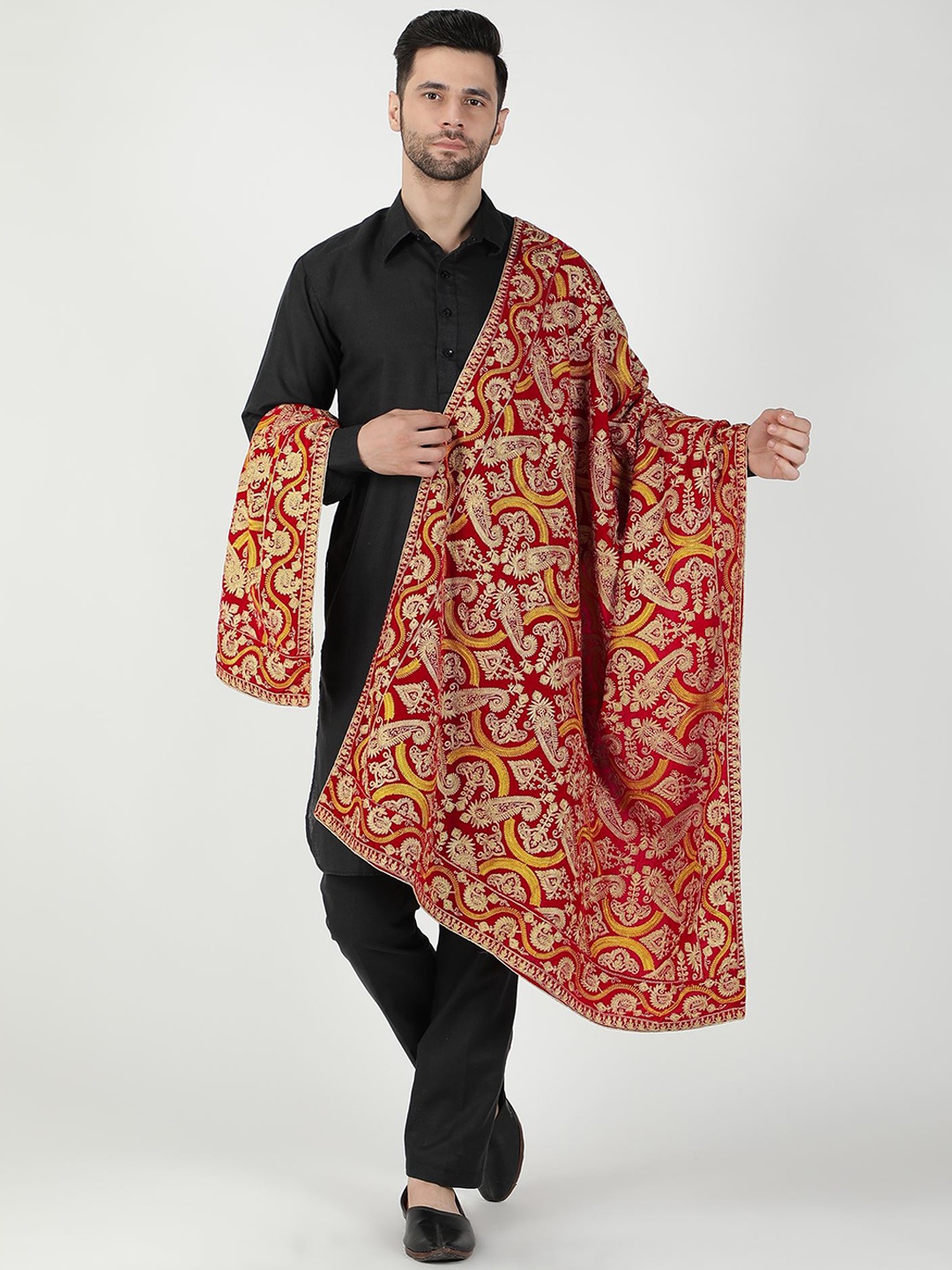 

Moda Chales Paisley Embroidered Pure Velvet Shawl, Red