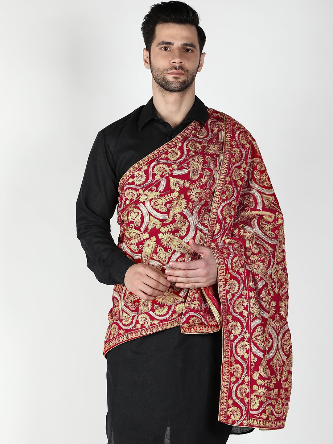 

Moda Chales Paisley Embroidered Pure Velvet Shawl, Red