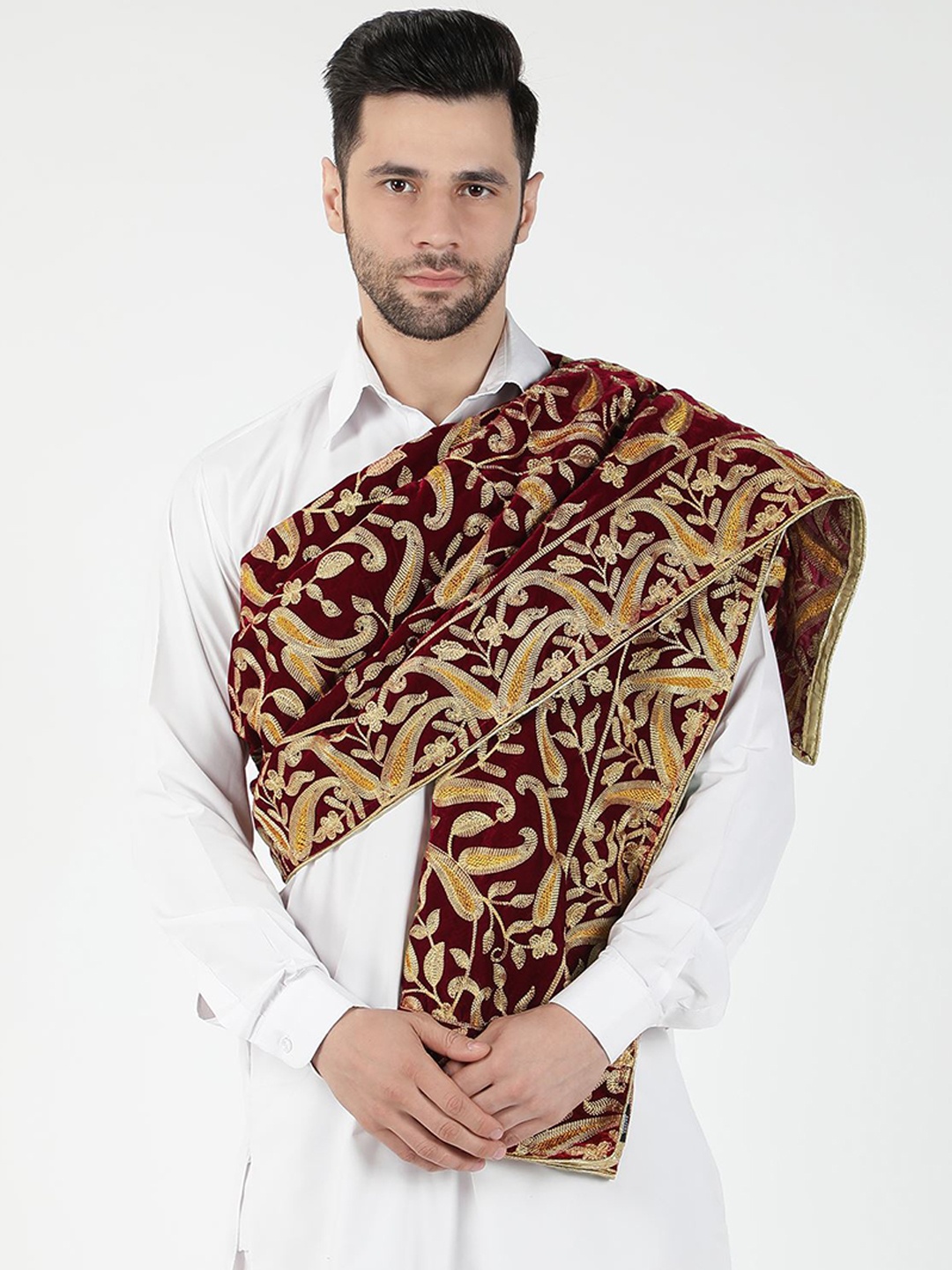 

Moda Chales Paisley Embroidered Pure Velvet Shawl, Maroon