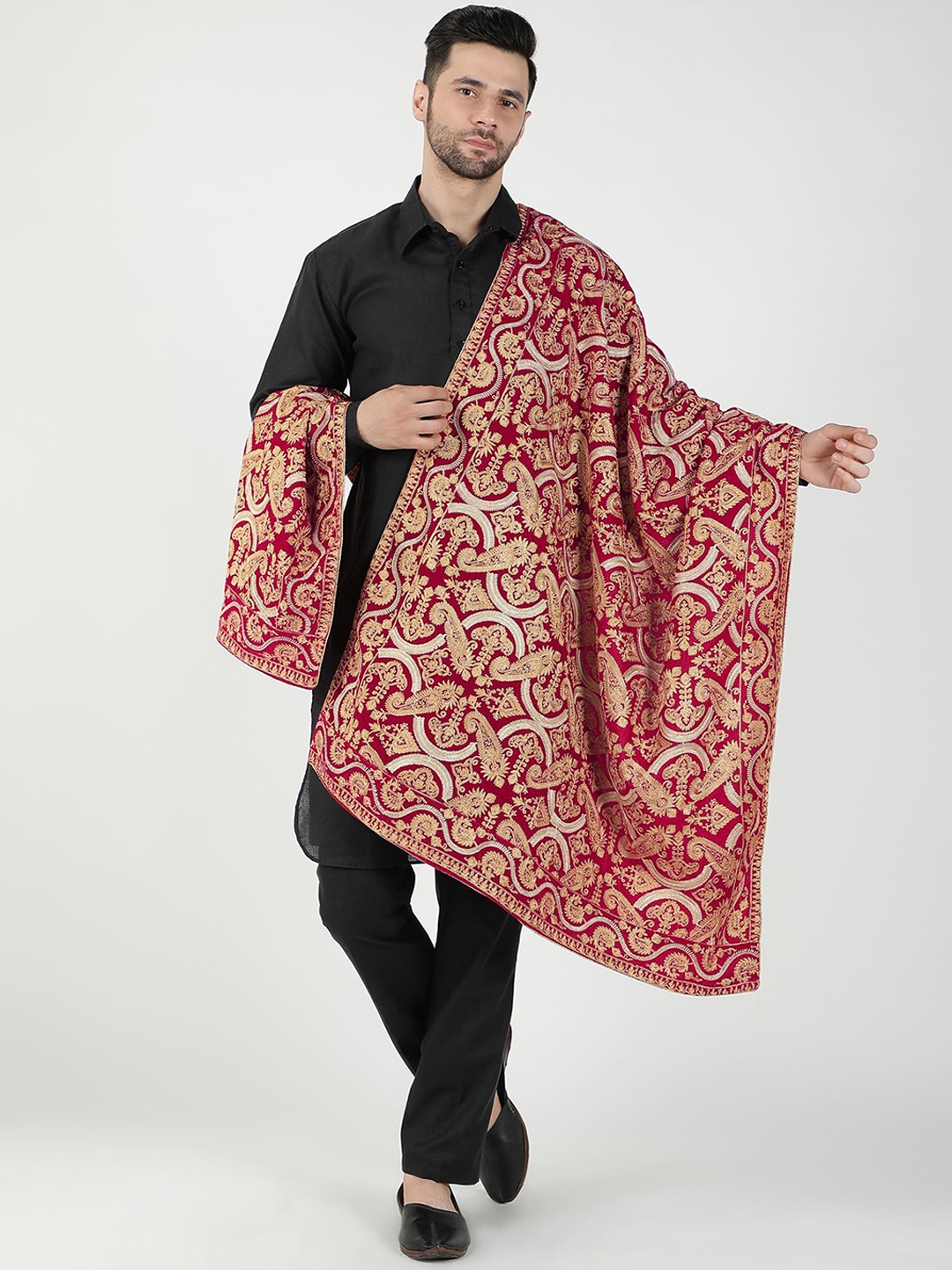 

Moda Chales Ethnic Motifs Embroidered Velvet Shawl, Magenta