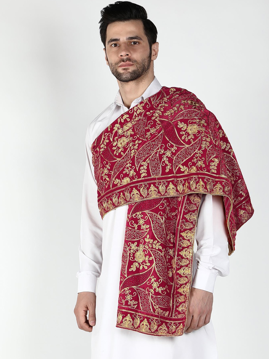 

Moda Chales Men Embroidered Velvet Shawl, Magenta