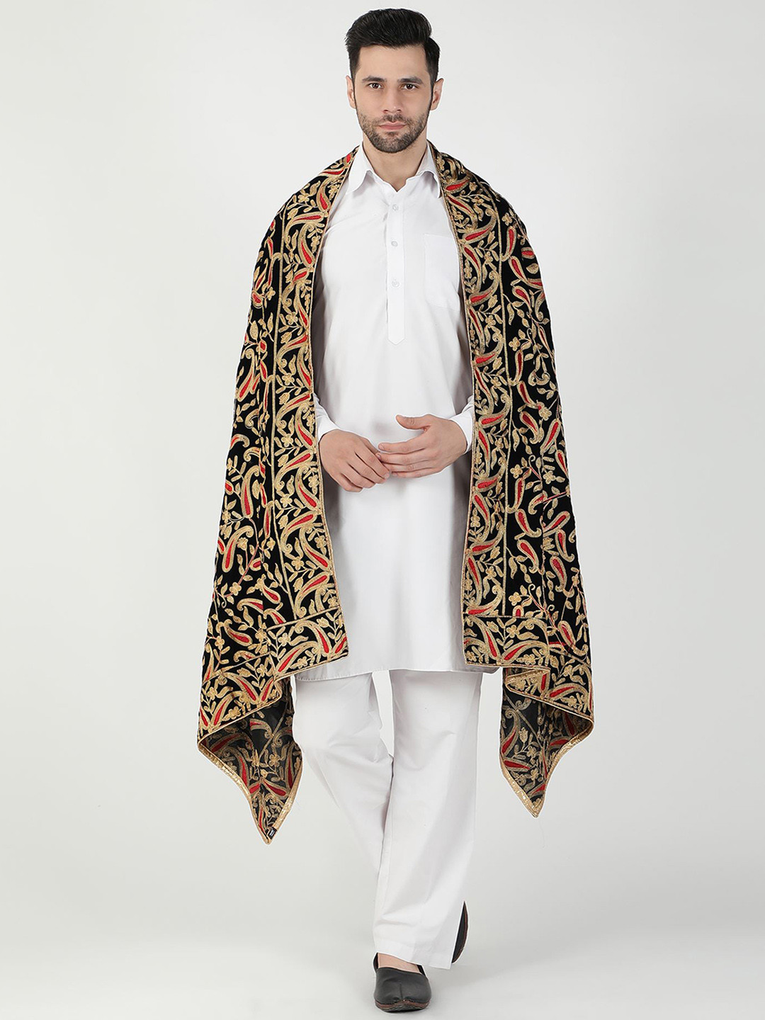 

Moda Chales Paisley Embroidered Pure Velvet Shawl, Black