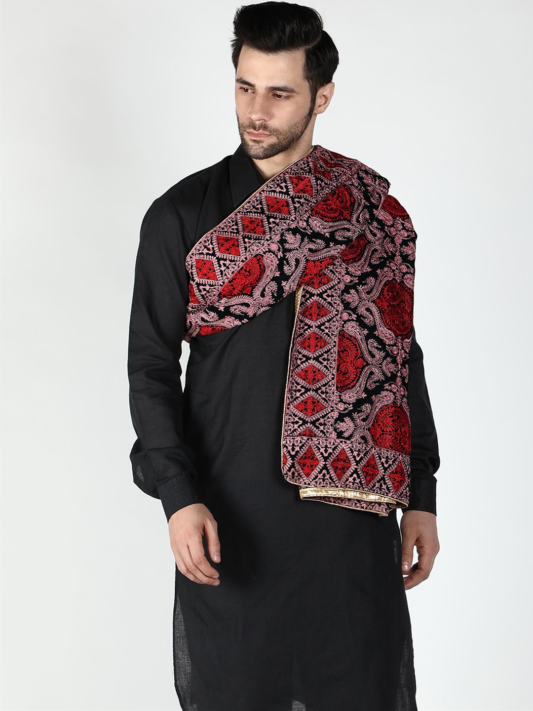 

Moda Chales Men Ethnic Motifs Embroidered Pure Velvet Shawl, Black
