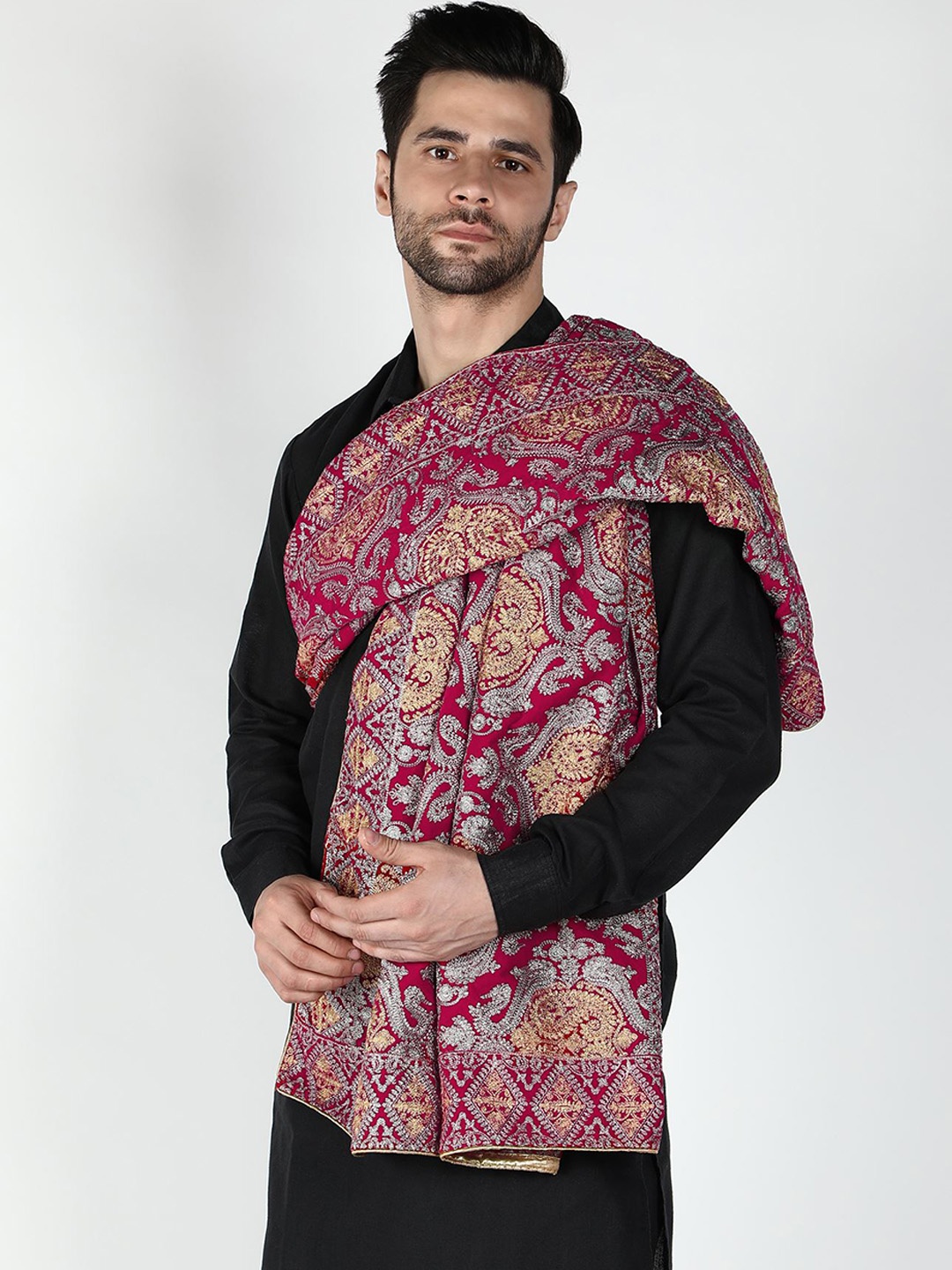 

Moda Chales Paisley Embroidered Pure Velvet Shawl, Magenta