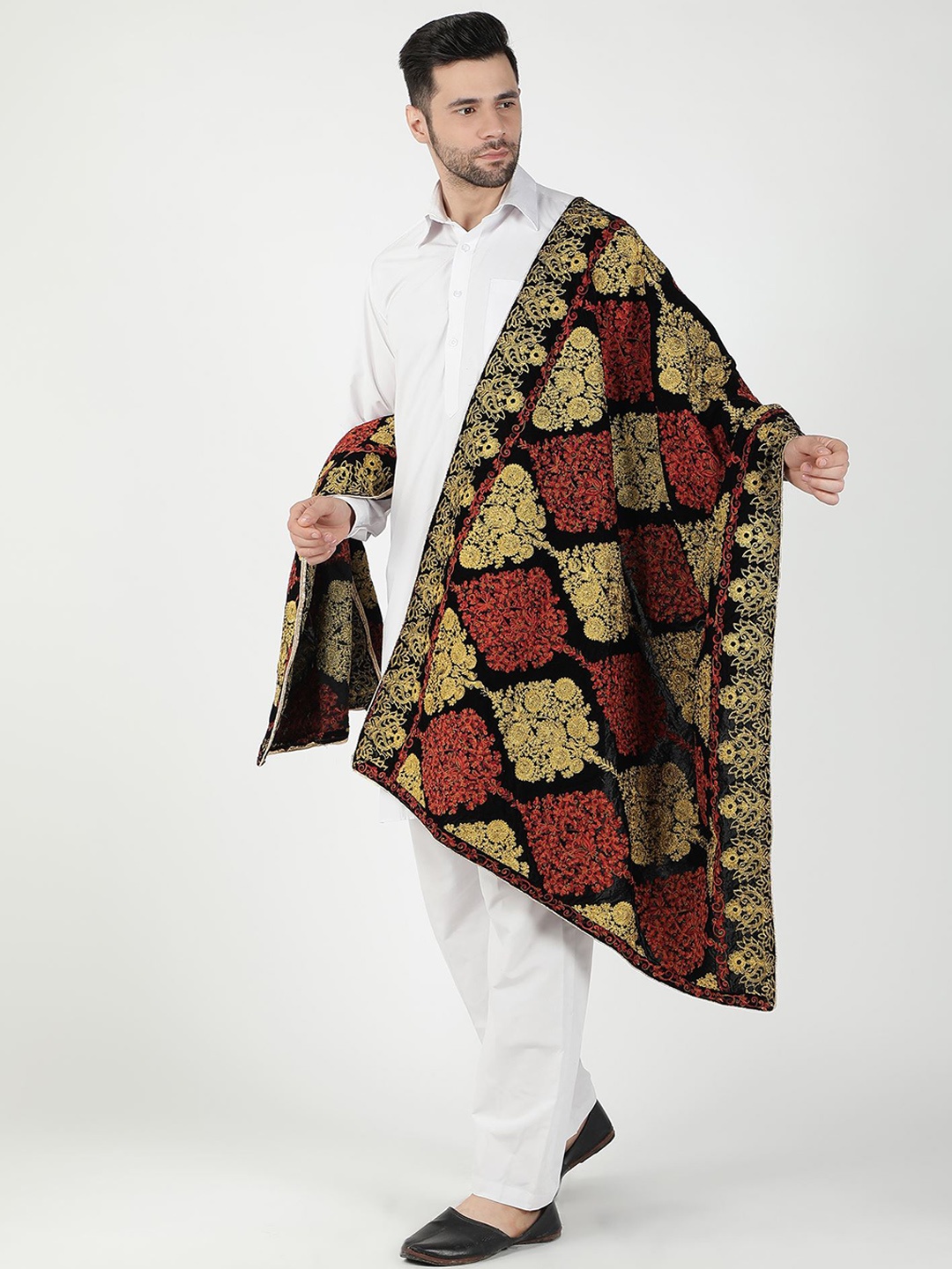 

Moda Chales Ethnic Motifs Embroidered Velvet Shawl, Black