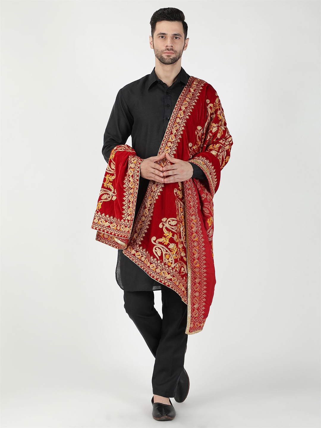 

Moda Chales Pure Velvet Embroidered Shawl, Red