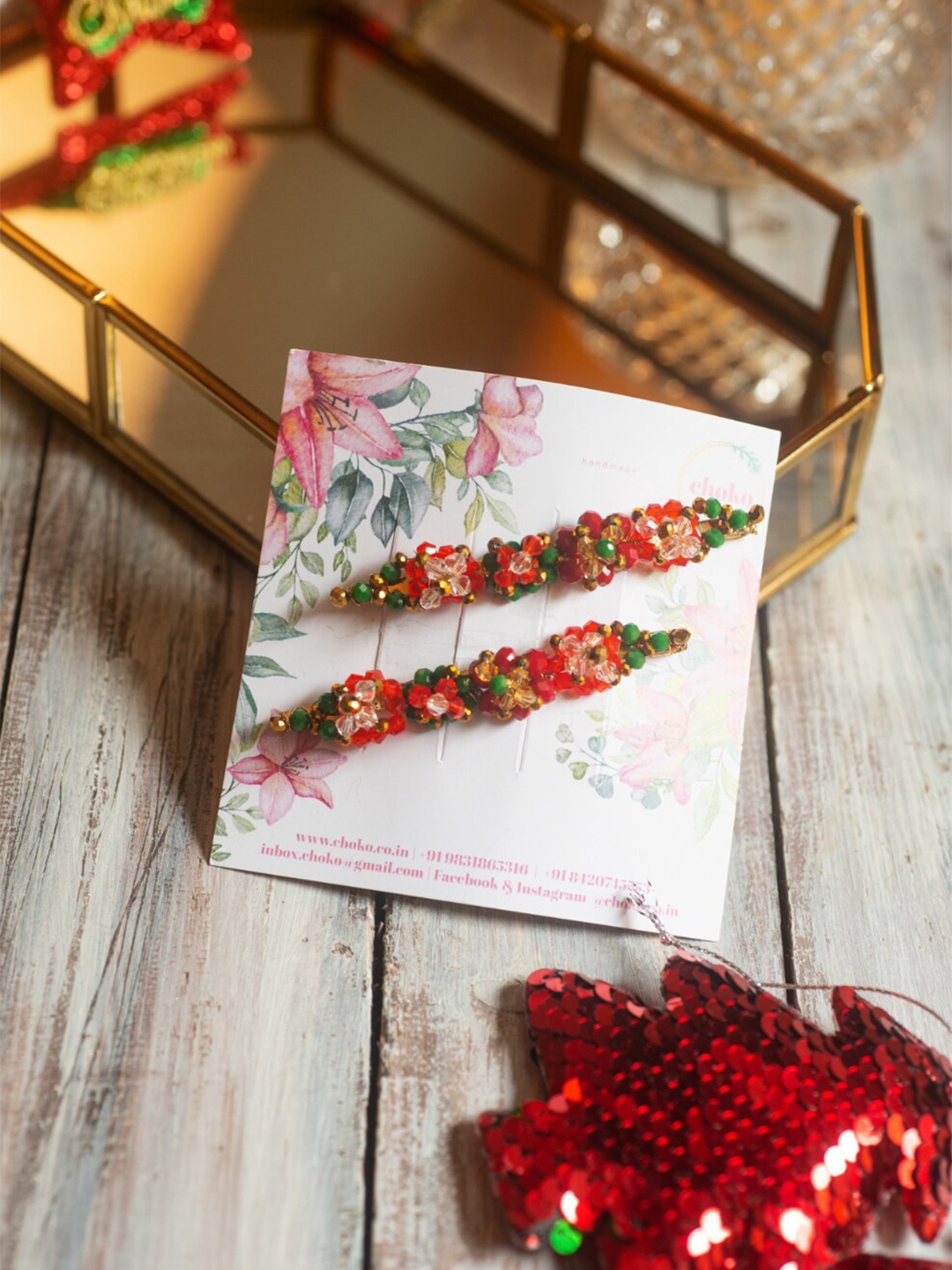

Choko Girls Set of 2 Scarlet Xmas Beads Embellished Bobby Pins, Red