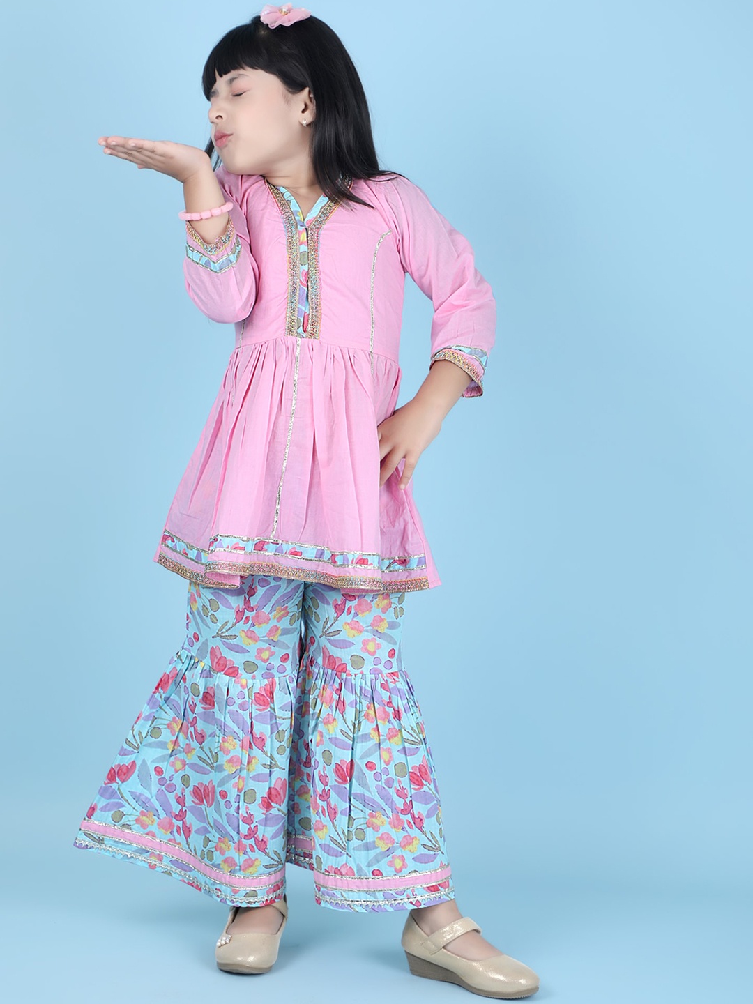 

KIDS FARM Girls Floral Empire Gotta Patti Pure Cotton Kurti with Sharara, Pink