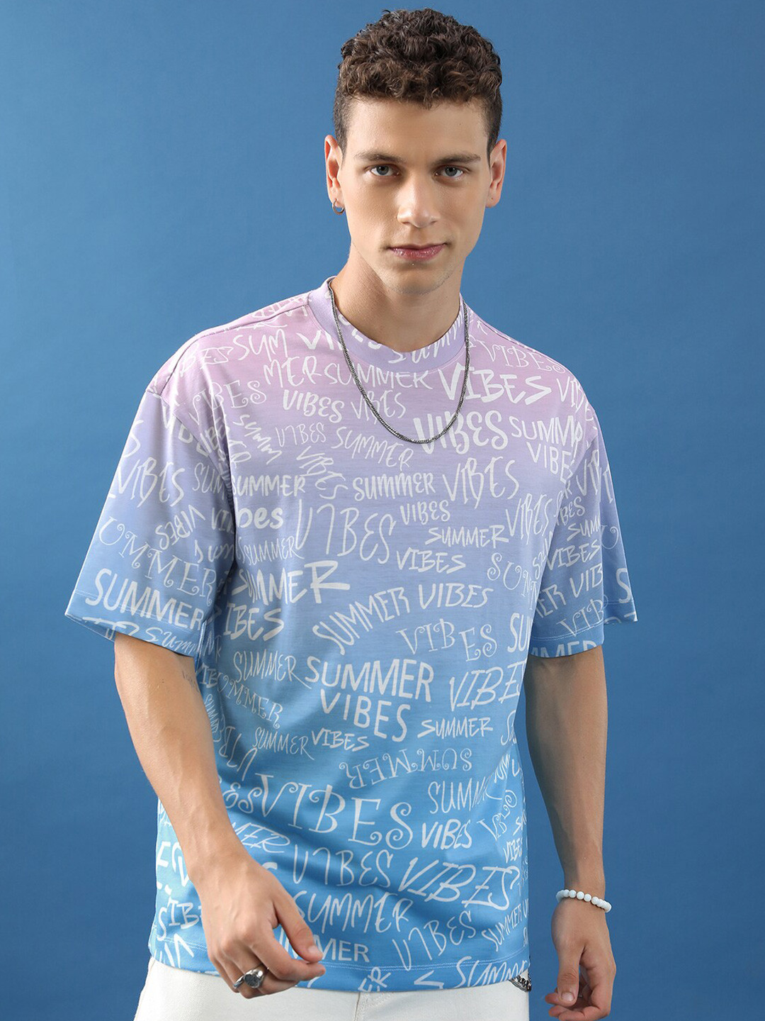 

HIGHLANDER Typography Printed Drop Shoulder Oversized T-shirt, Blue