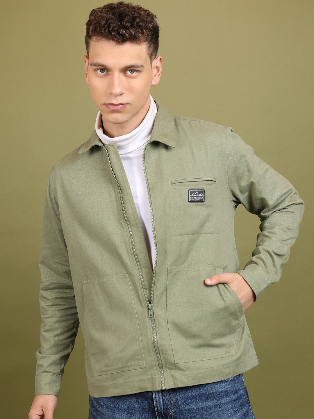 

HIGHLANDER Spread Collar Denim Jacket, Green