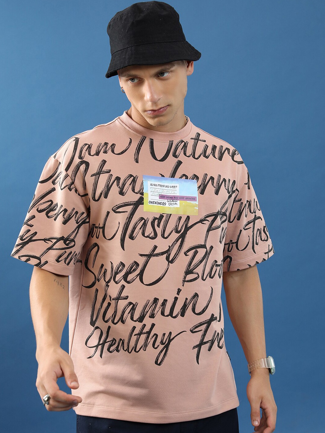 

HIGHLANDER Unisex Typography Printed Oversized T-Shirt, Peach