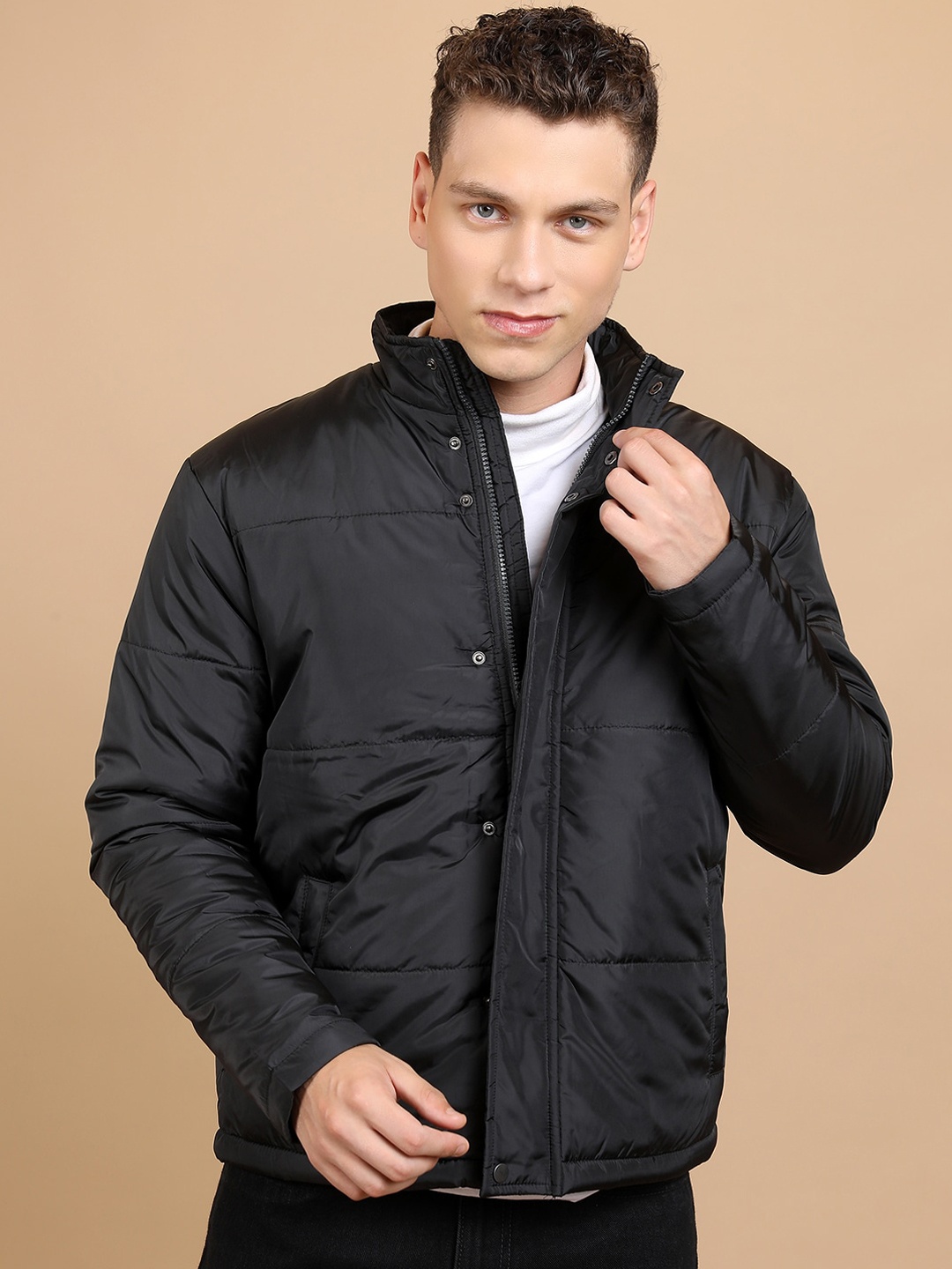 

HIGHLANDER Mock Collar Long Sleeve Zip Detail Padded Jacket, Black
