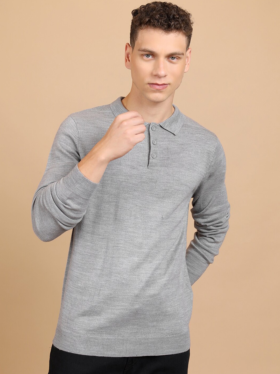 

HIGHLANDER Grey Shirt Collar Acrylic Pullover
