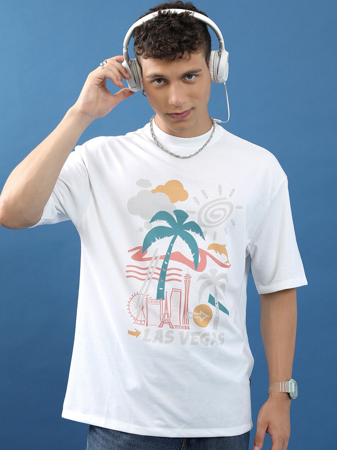 

HIGHLANDER Unisex Graphic Printed Drop-Shoulder Sleeves Oversized T-shirt, White