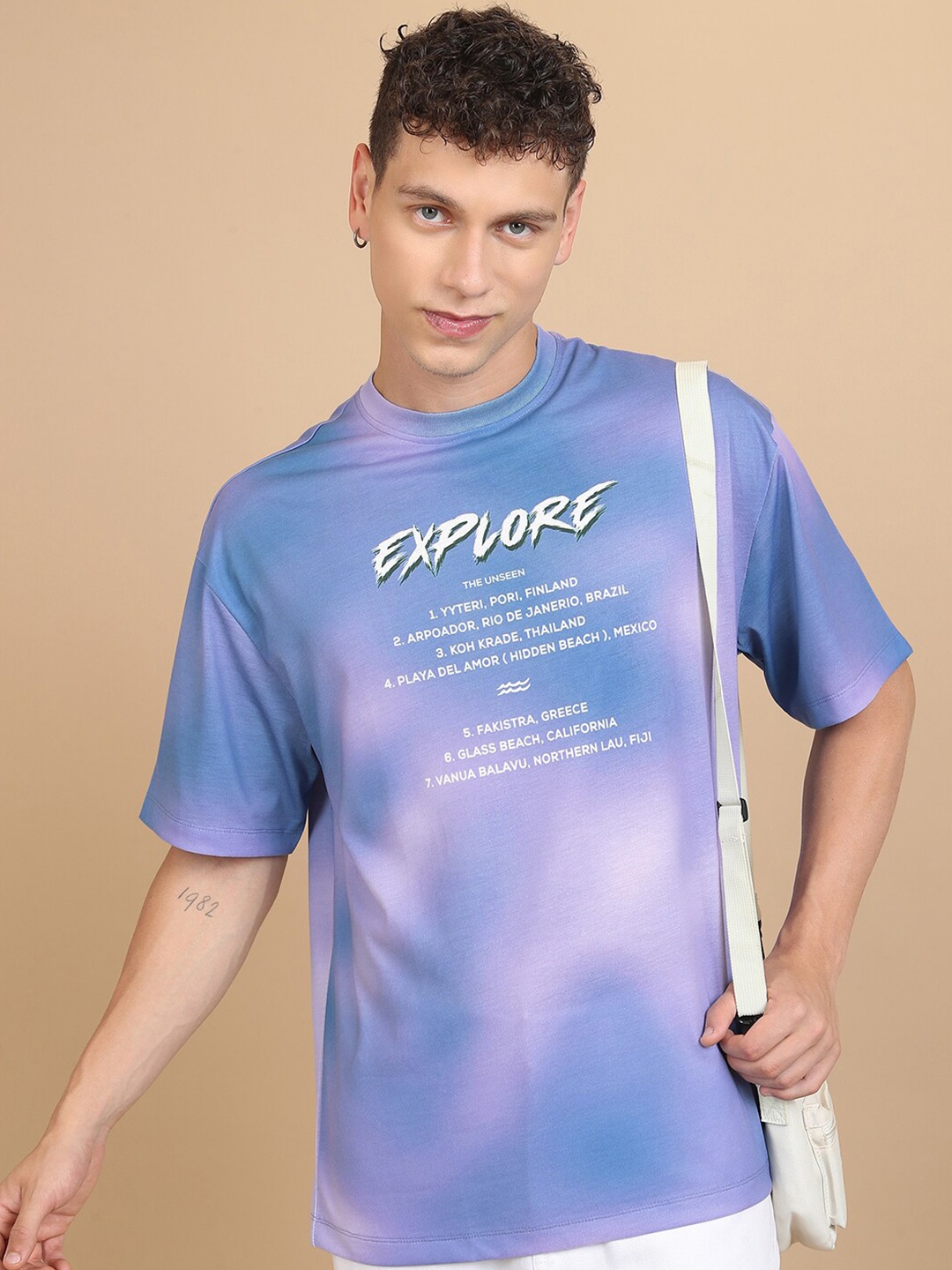 

HIGHLANDER Unisex Typography Printed Drop-Shoulder Sleeves Oversized T-shirt, Purple