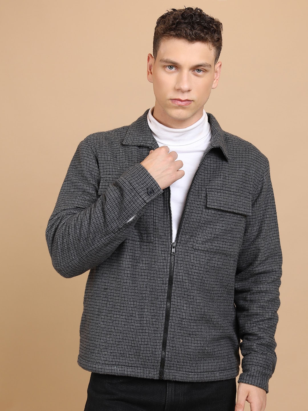 

HIGHLANDER Self Design Cotton Shacket, Grey