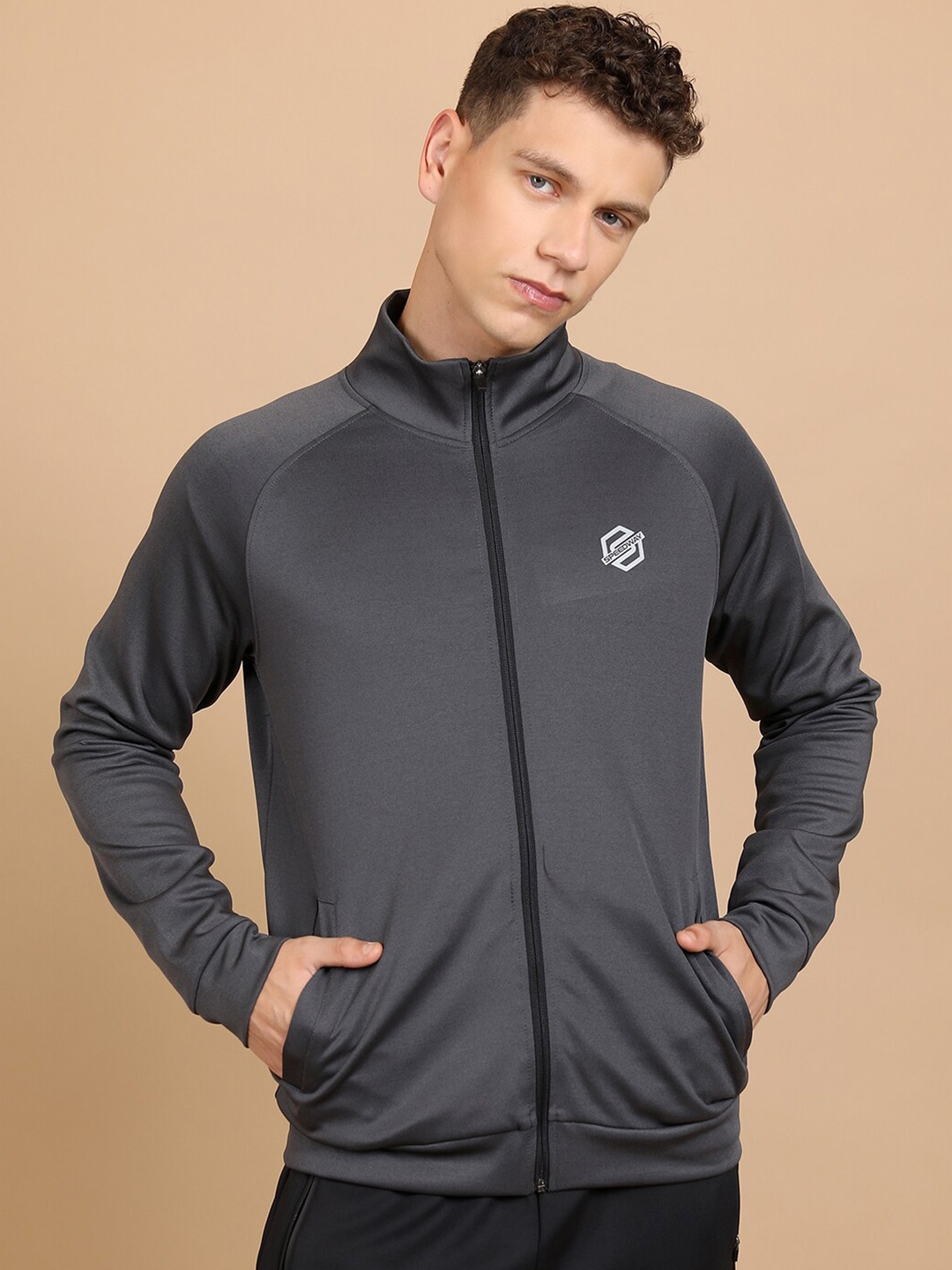 

HIGHLANDER Mock Collar Front-Open Sweatshirt, Grey
