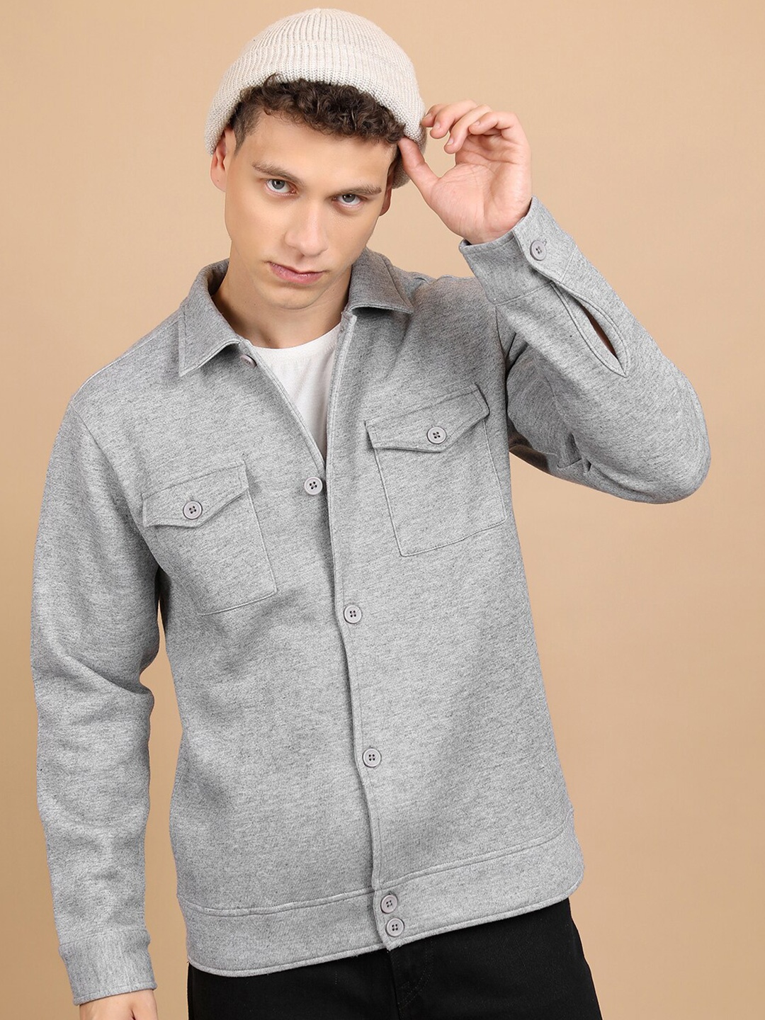 

HIGHLANDER Shirt Collar Front-Open Relaxed Fit Sweatshirt, Grey