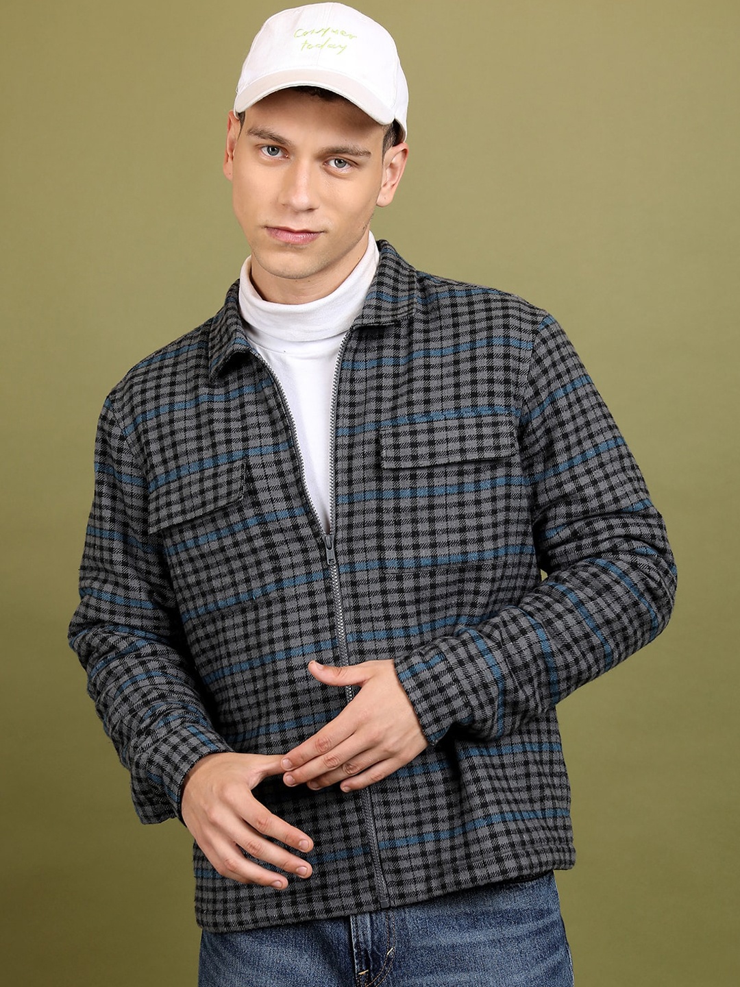 

HIGHLANDER Shepherd Checks Spread Collar Flannel Shacket, Grey