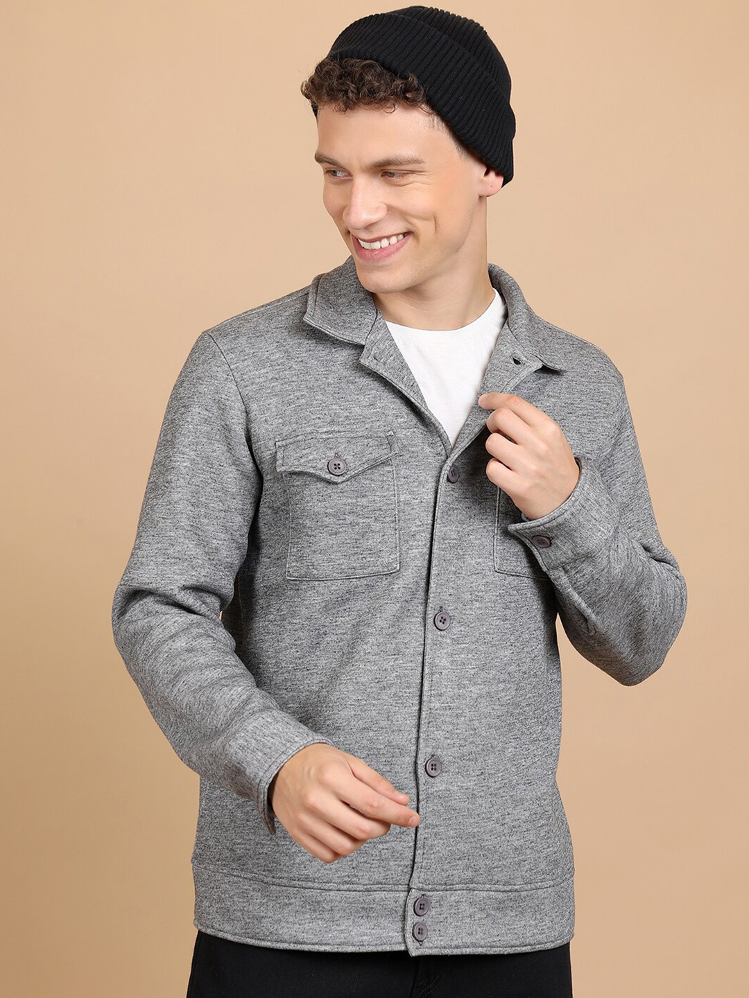 

HIGHLANDER Shirt Collar Relaxed Fit Front-Open Sweatshirt, Grey