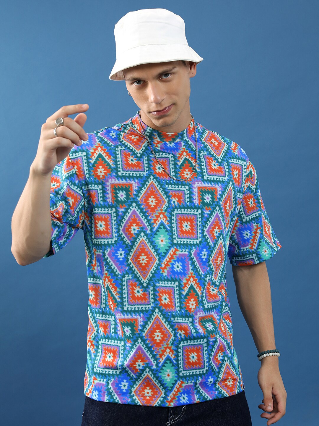 

HIGHLANDER Unisex Geometric Printed Slim Fit T-shirt, Blue