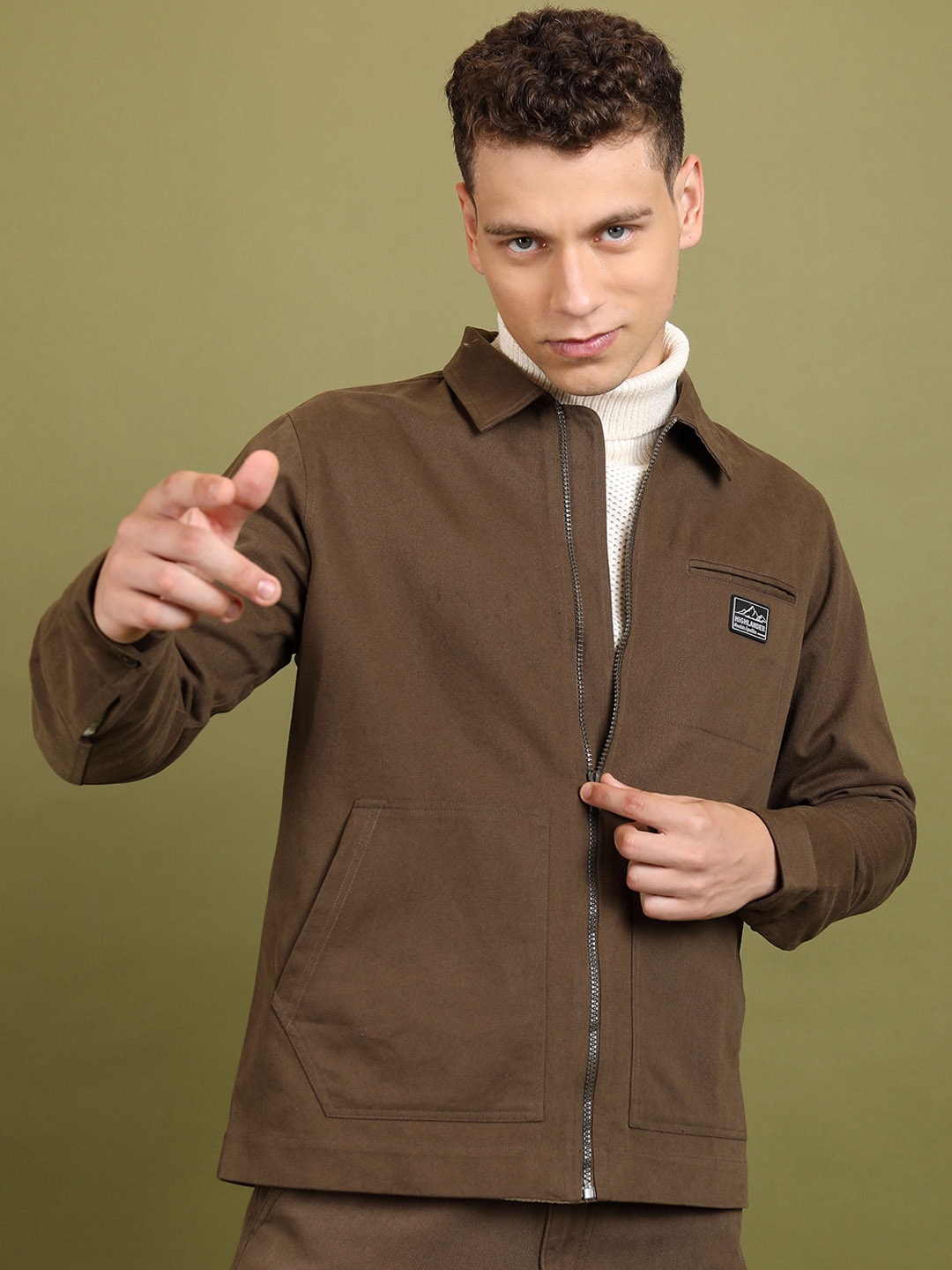 

HIGHLANDER Spread Collar Open Front Bomber Jacket, Brown