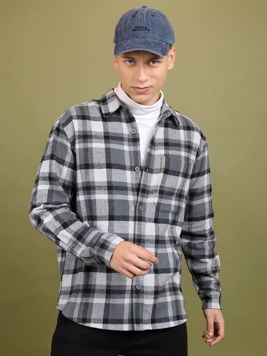 

HIGHLANDER Checked Spread Collar Flannel Shirt, Grey
