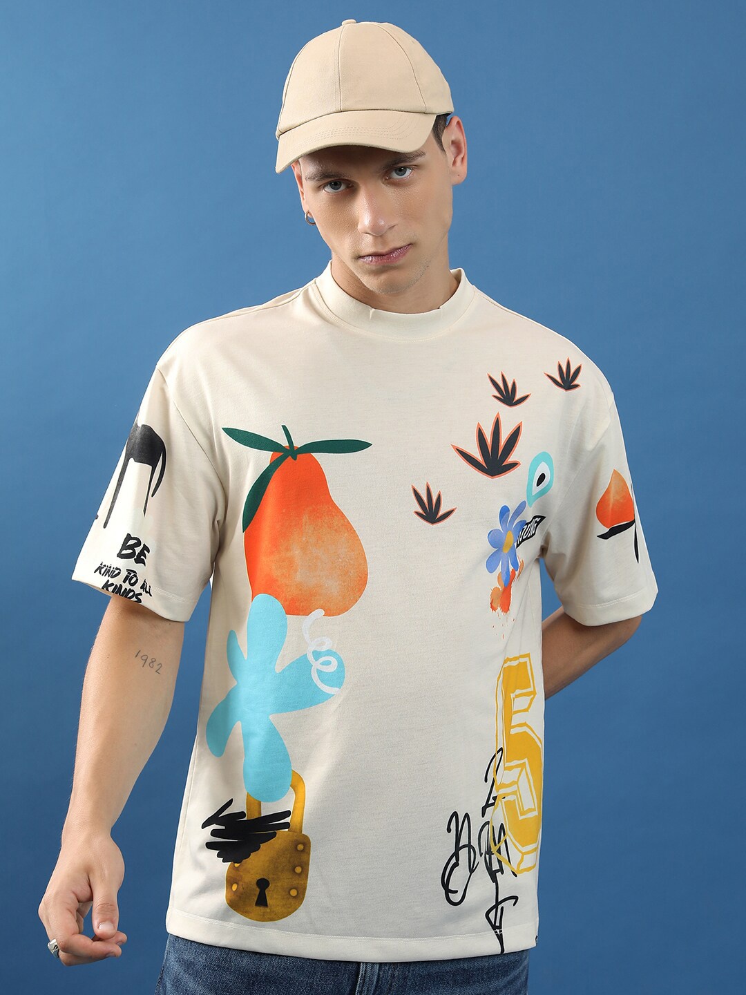 

HIGHLANDER Unisex Conversational Printed Oversized T-shirt, Beige