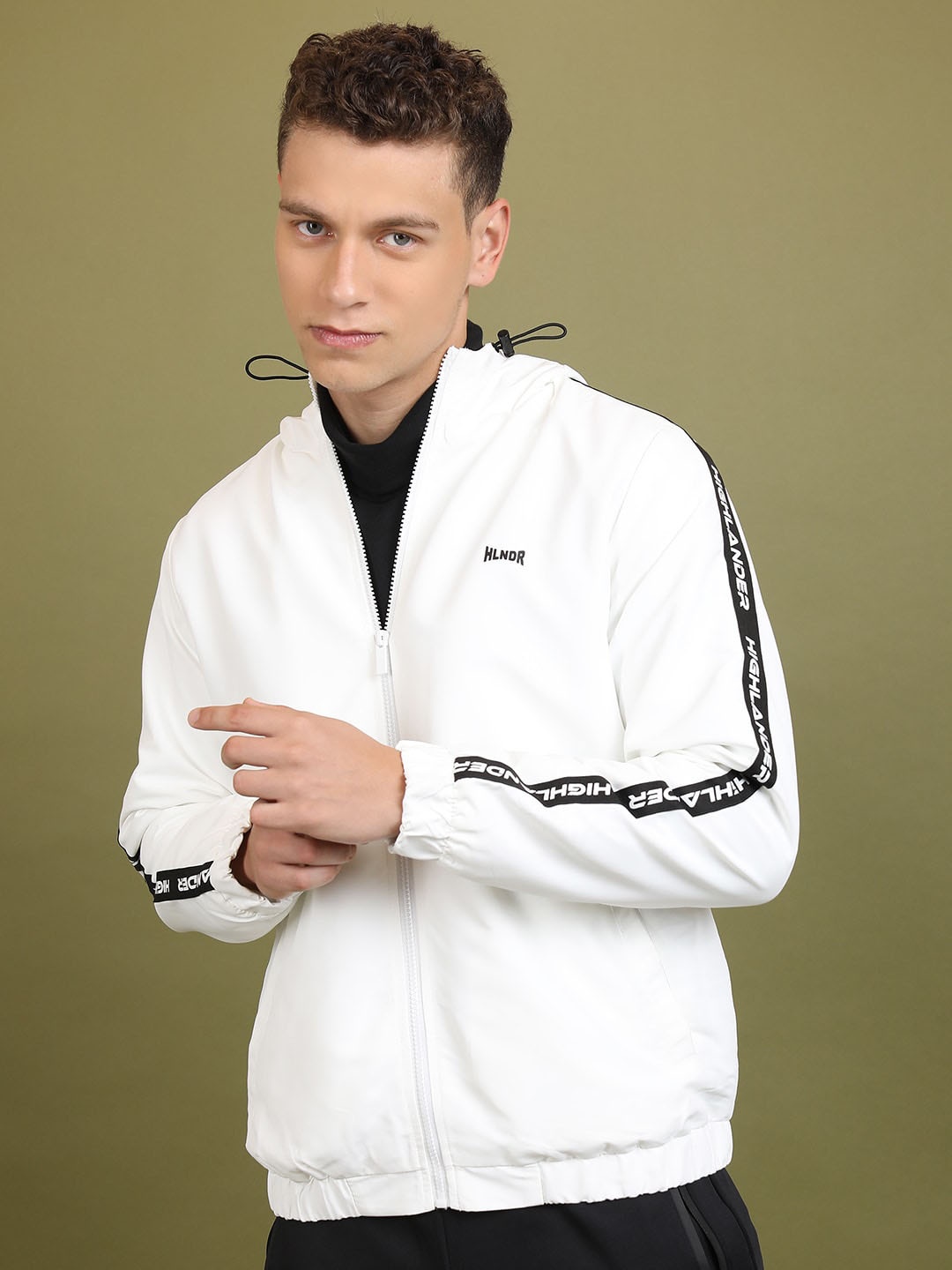 

HIGHLANDER Typography Printed Hooded Neck Long Sleeve Zip Detail Bomber Jacket, White