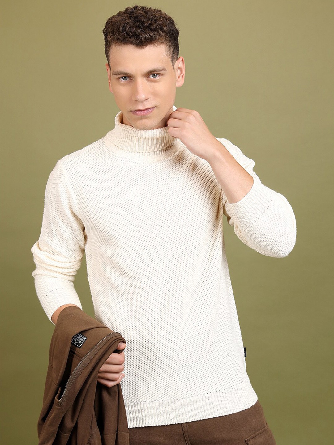 

HIGHLANDER White Geometric Self Design Turtle Neck Acrylic Pullover