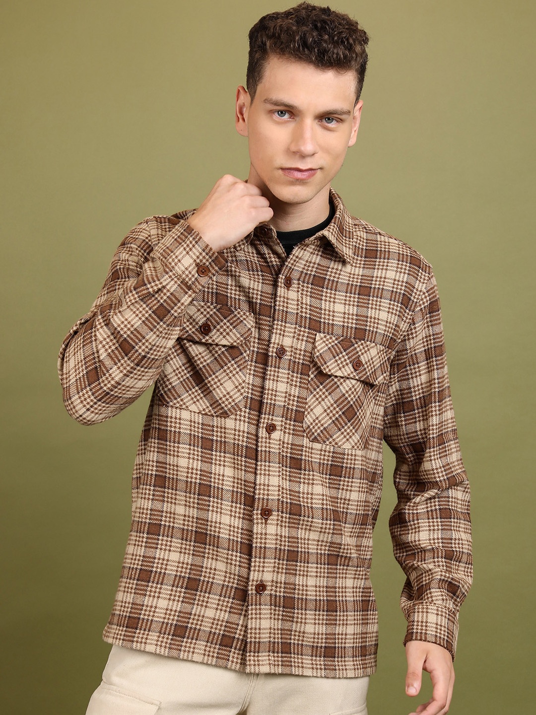 

HIGHLANDER Checked Spread Collar Flannel Checked Shirt, Brown