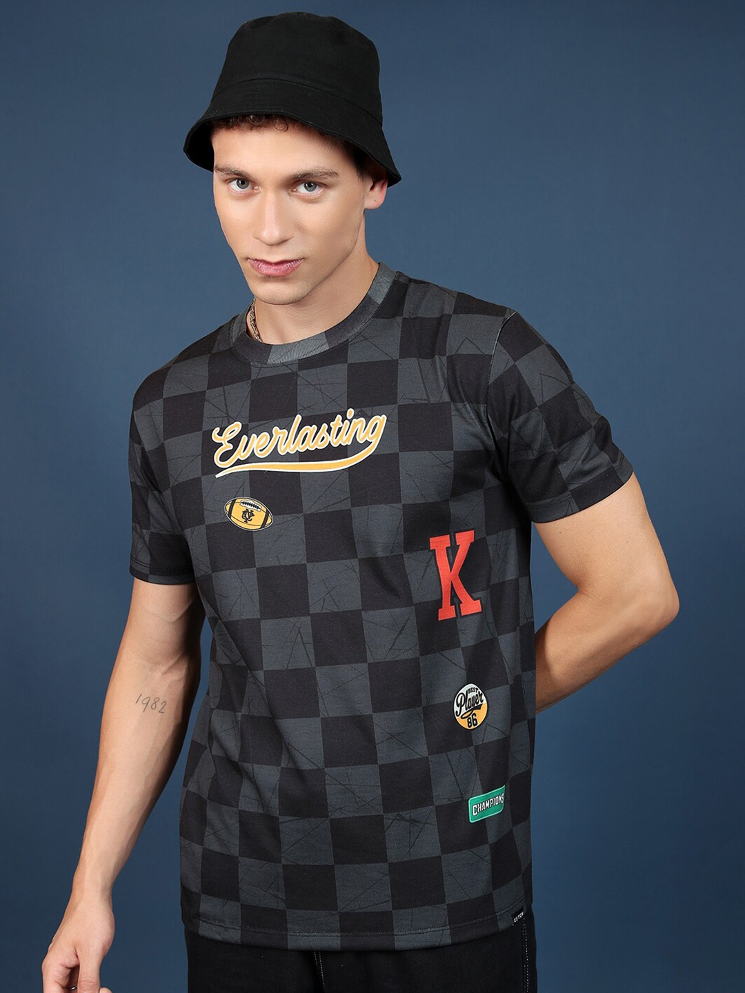 

KETCH Checked Printed Round Neck Slim Fit T-shirt, Black