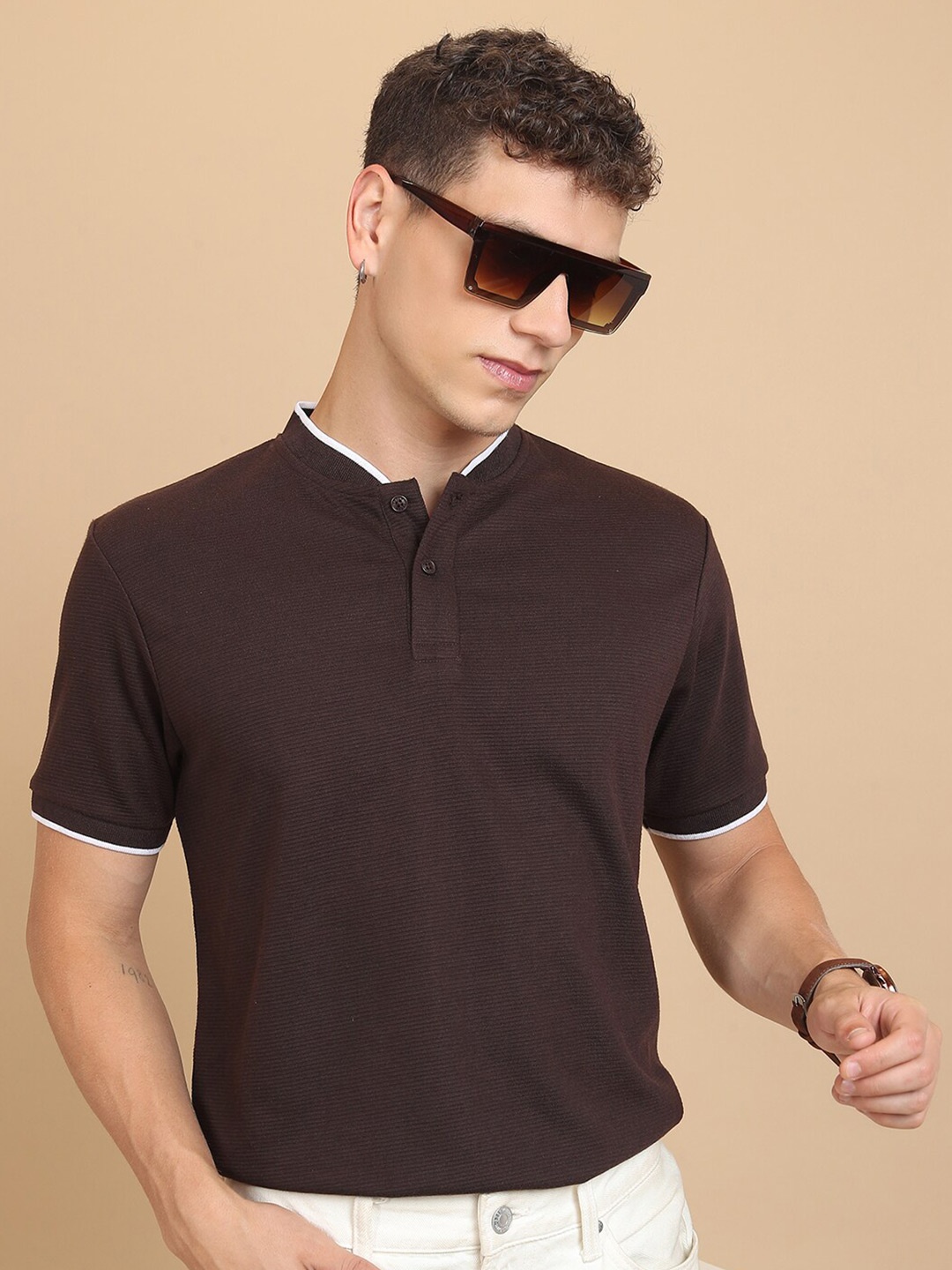 

KETCH Mandarin Collar Short Sleeves Regular Fit T-Shirt, Brown