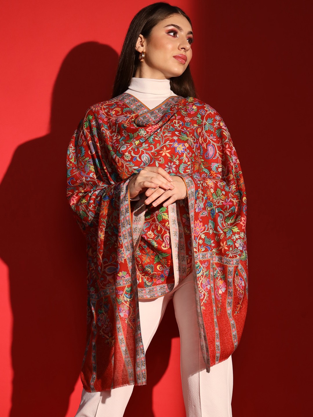 

MODARTA Women Paisley Embroidered Pure Woollen Shawl, Red